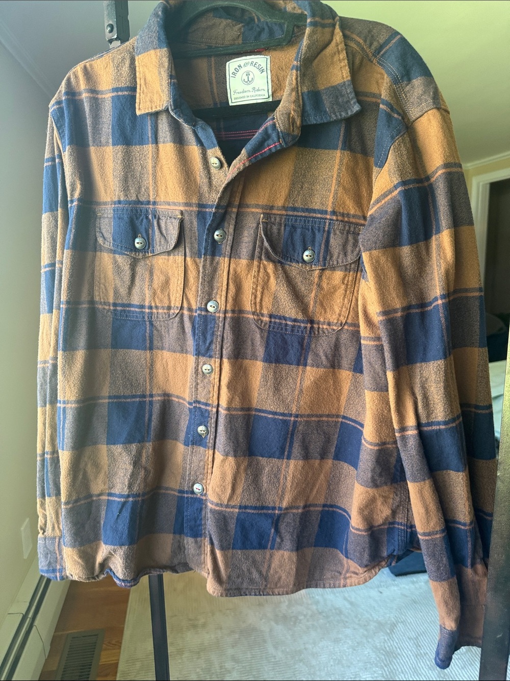 Iron & Resin Navy & Camel Plaid Flannel Button-Up Shirt